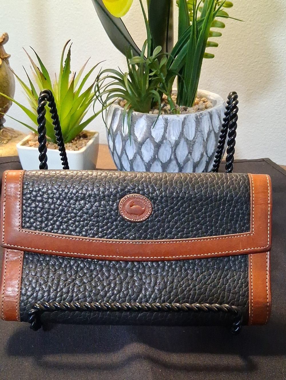 Dooney & Bourke Black Pebbled Leather Wallet with Brown Trim